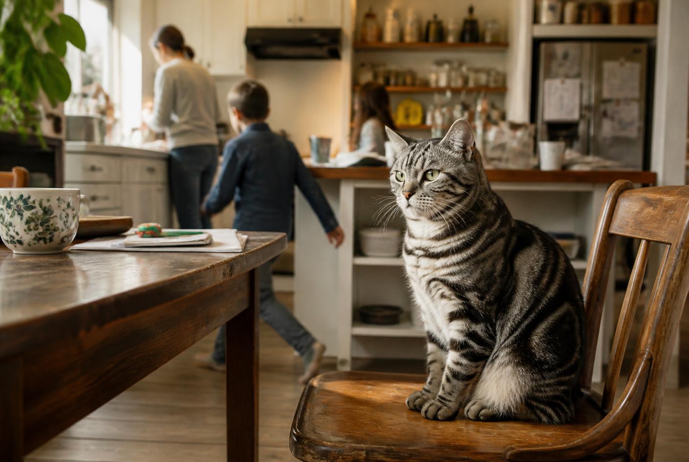 American Shorthair cat sitting calmly on a kitchen chair in a busy household