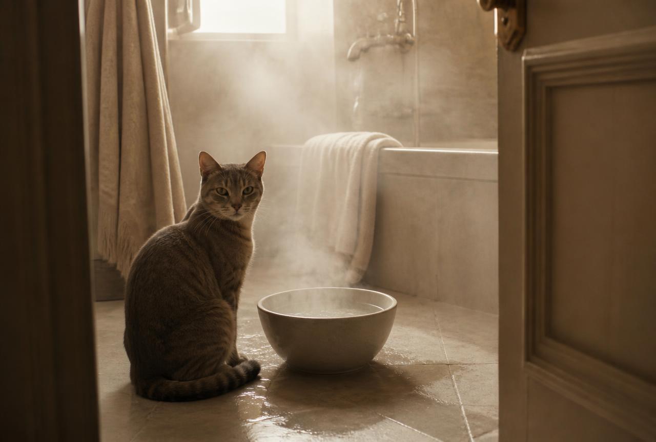 A cat sitting in a steamy small bathroom beside a bowl of hot water