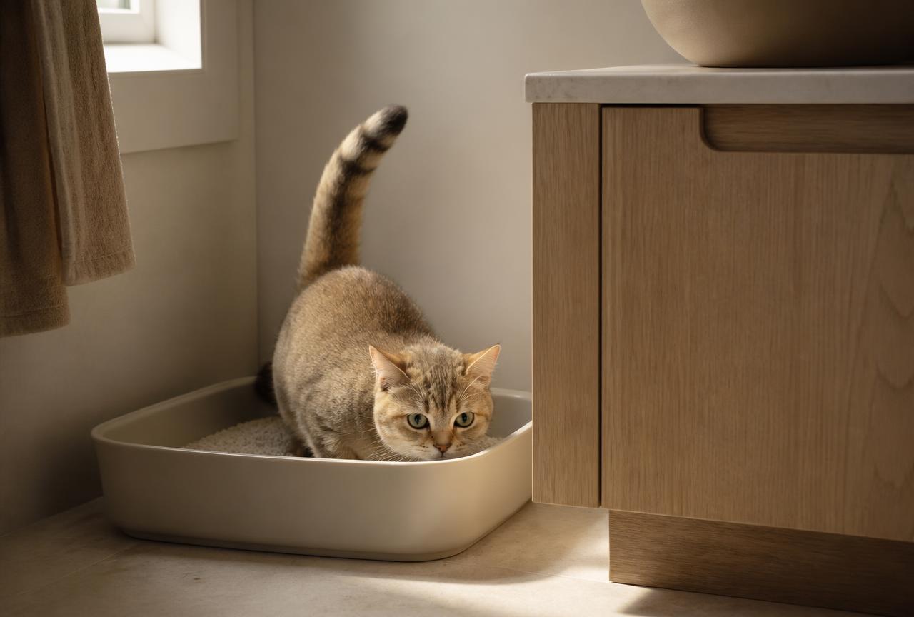 A tabby cat crouching low and straining in an open litter tray in a bright bathroom corner