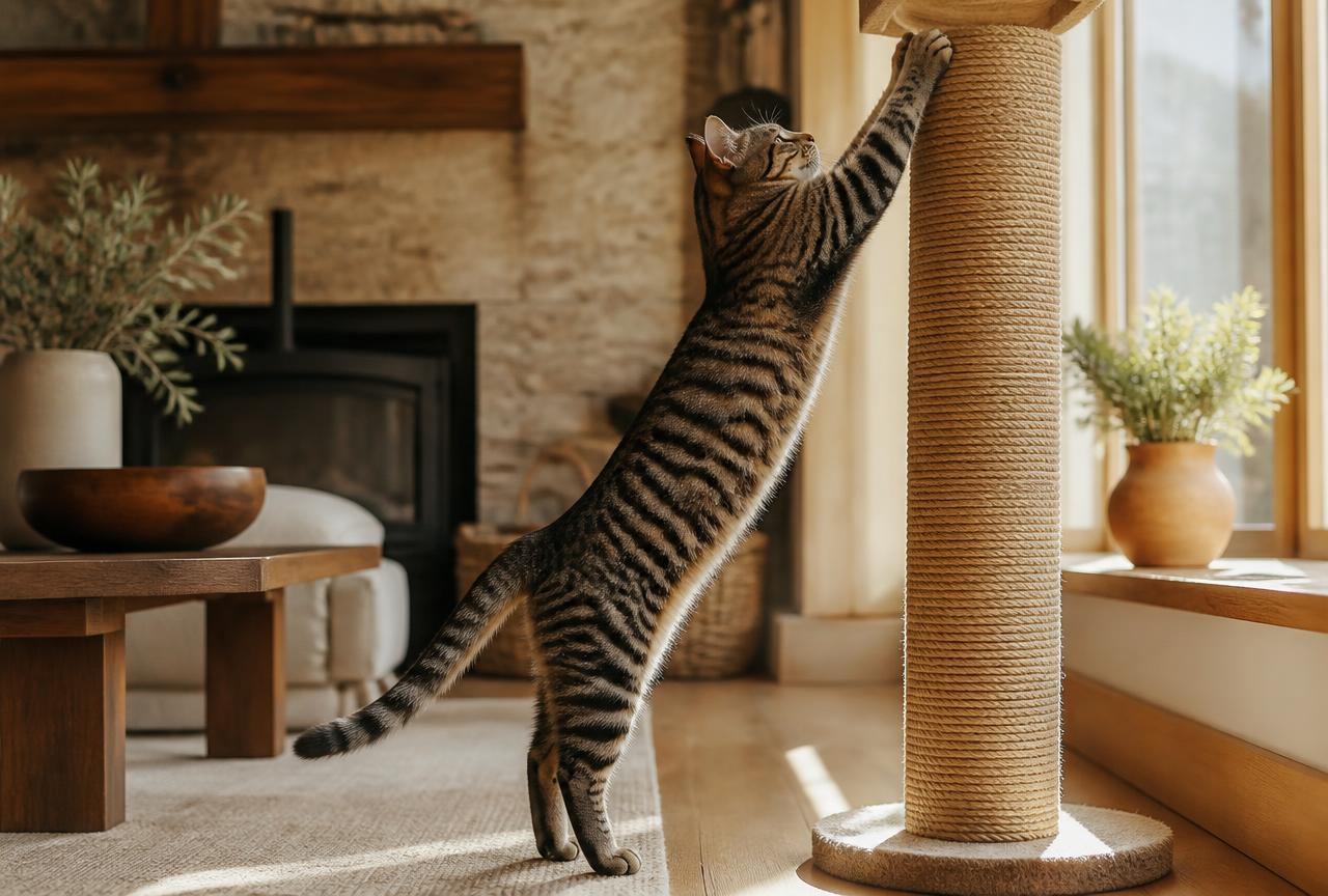 A large tabby cat stretched fully upright against a tall sisal post with front paws high and back arched