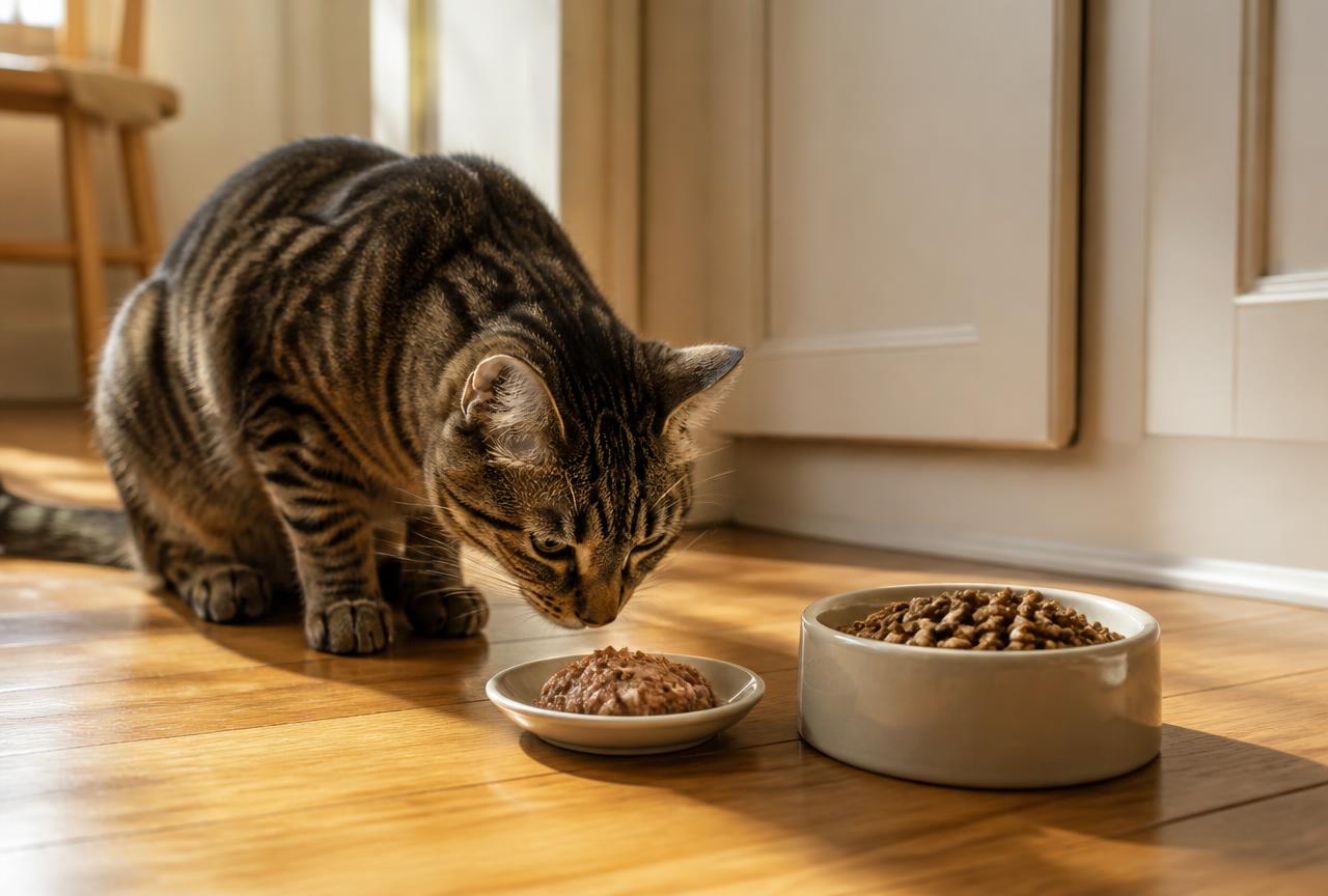 A tabby cat sniffing cautiously at a small saucer of wet food placed next to a bowl of kibble