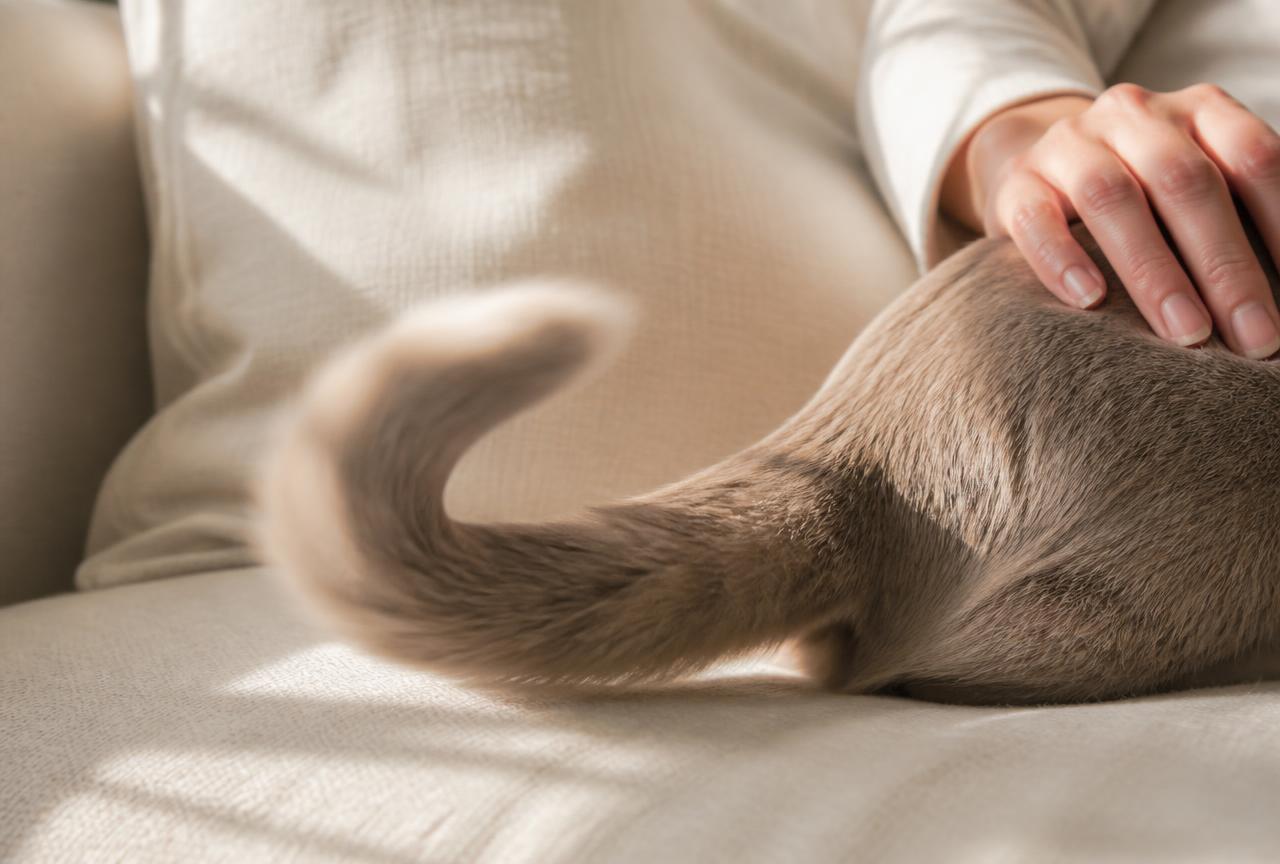 Close view of a cat tail tip flicking while a hand strokes the cat on a linen sofa