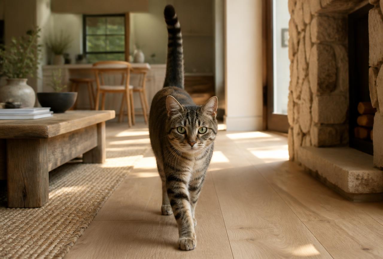 A tabby cat walking towards the camera across an oak floor with its tail raised straight up