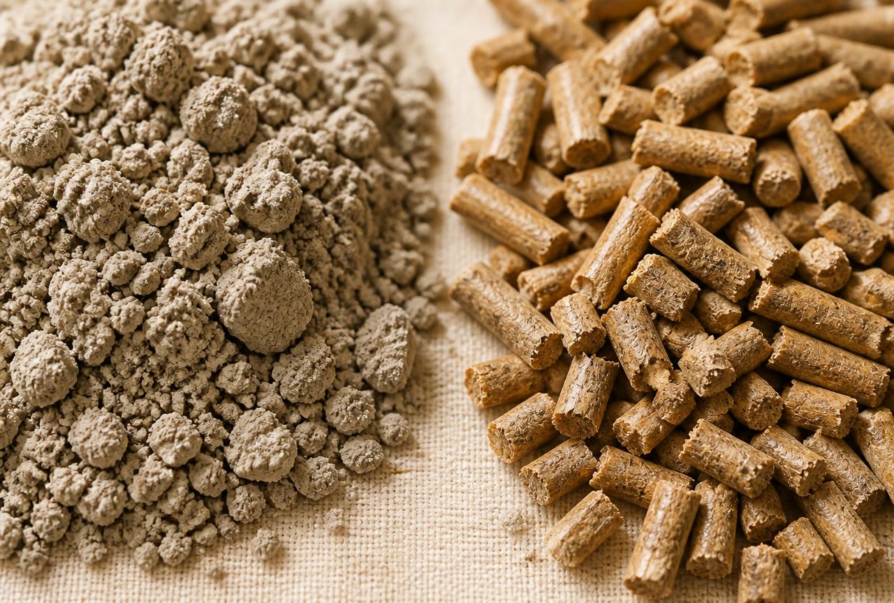 Macro close-up of fine grey clumping clay granules beside coarse light brown wood pellets on cream linen