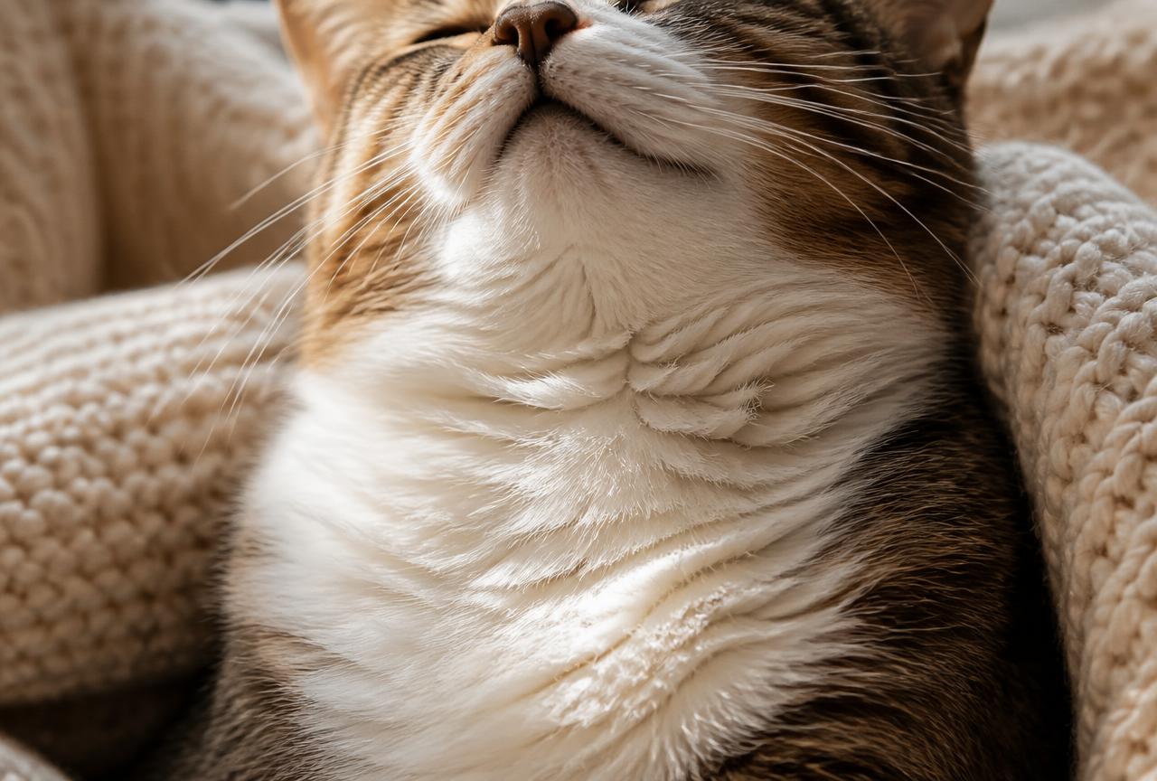 Close-up of a tabby cat's white throat and chest resting against a cream knitted blanket with eyes closed