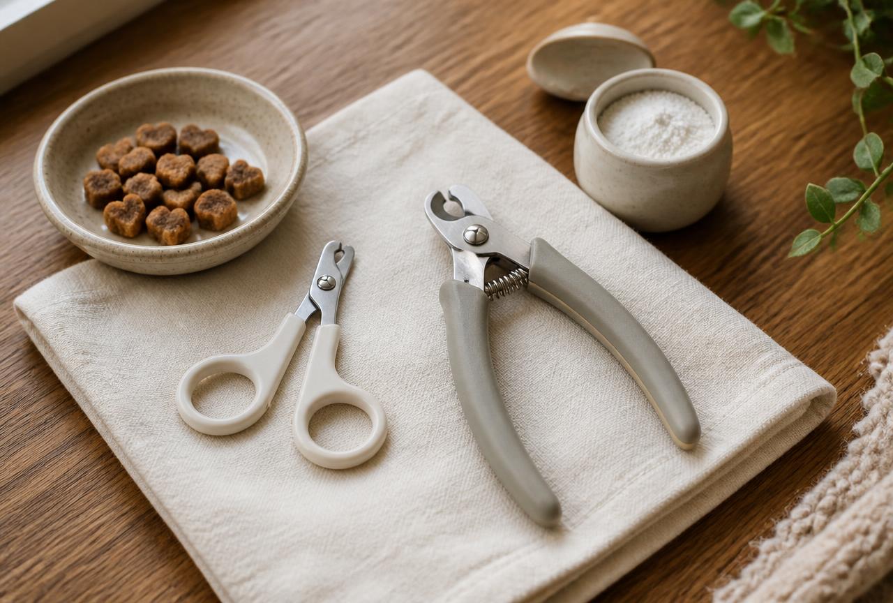 Small scissor-style and plier-style cat claw clippers on a folded cream cloth beside a dish of treats and a pot of styptic powder