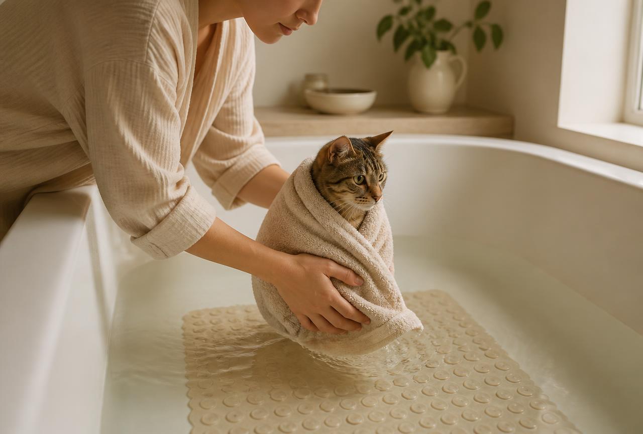 A person lowering a towel-wrapped cat into a shallow bath with a rubber mat at the bottom