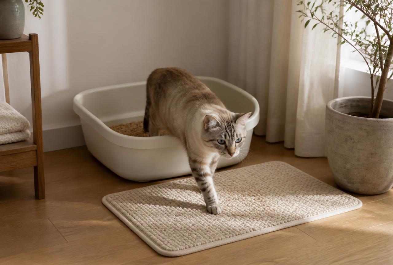 A tabby cat stepping out of a large open litter tray onto a cream textured mat on an oak floor
