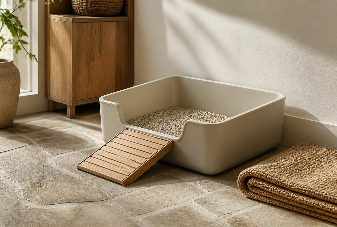 A large low-sided cream litter tray with a cut-down entry and a small wooden ramp against a cream wall on a stone floor