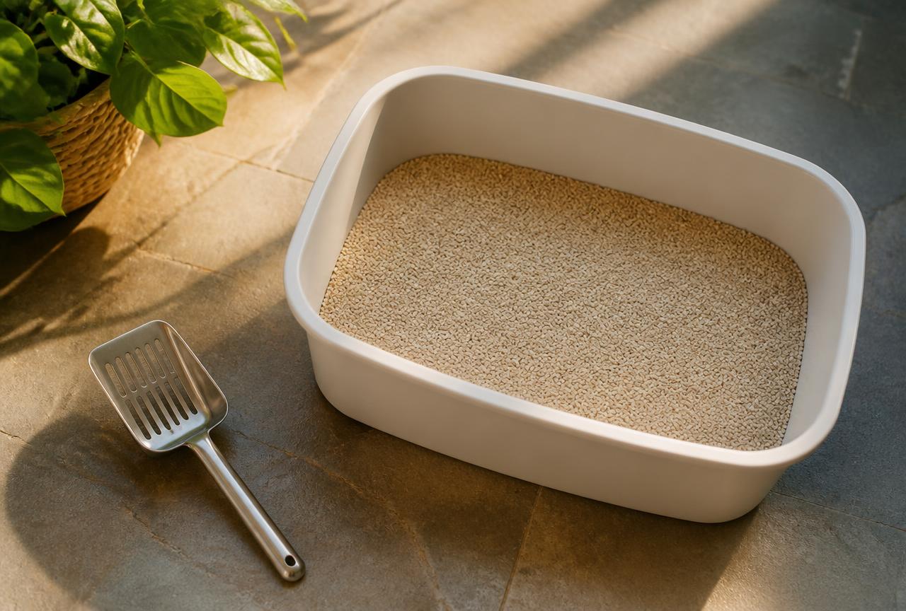 A freshly scooped litter tray with a stainless scoop beside it