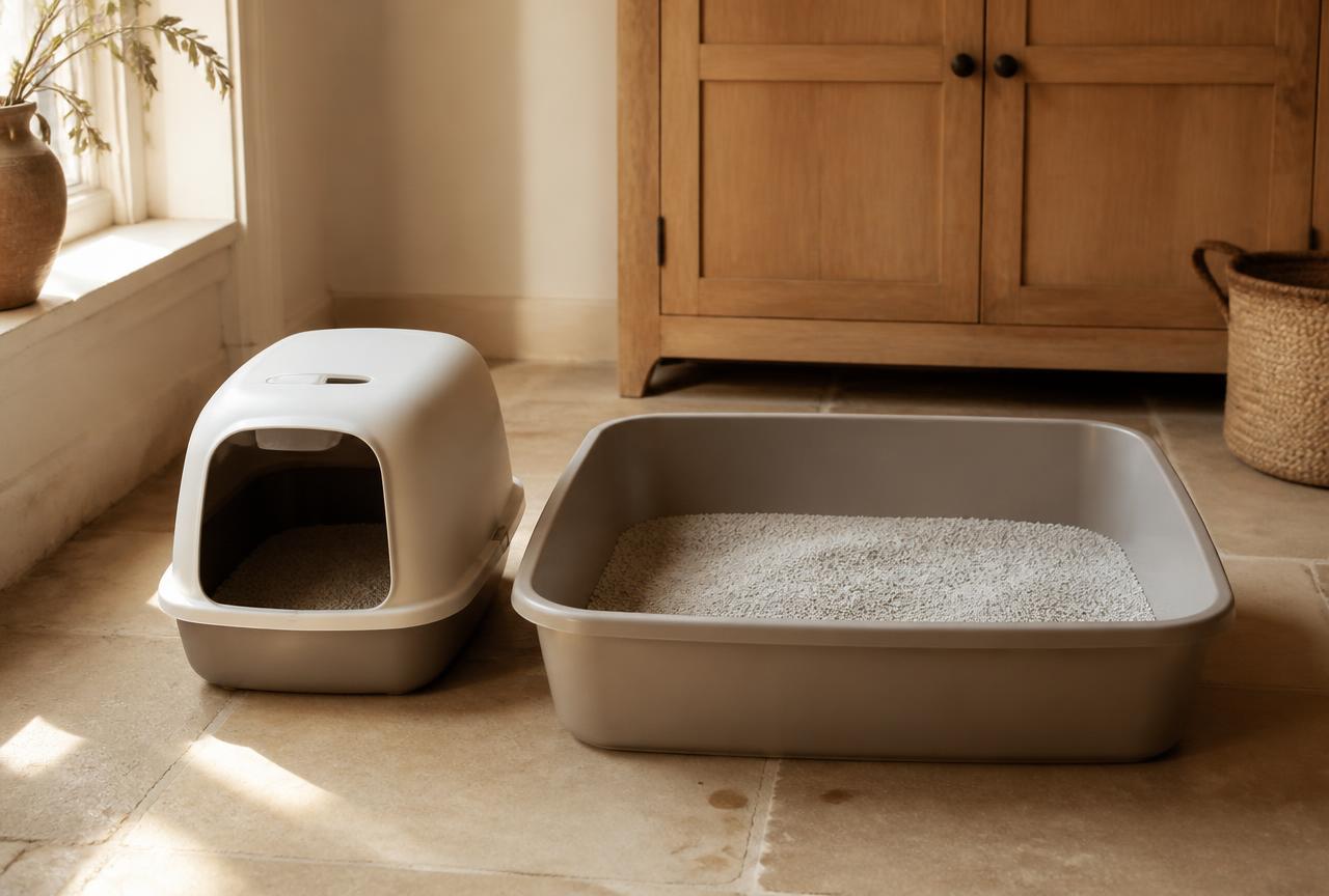 A small hooded litter tray beside a much larger open shallow tray on a stone floor in window light