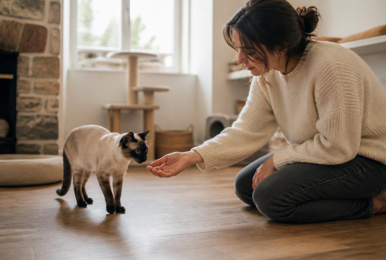 A person offering a hand to a cautious Siamese cat in a bright room