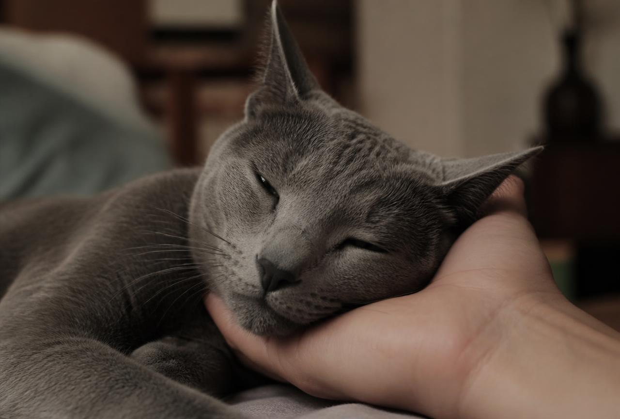 A Russian Blue cat resting its head trustingly in a person's hand, eyes half closed