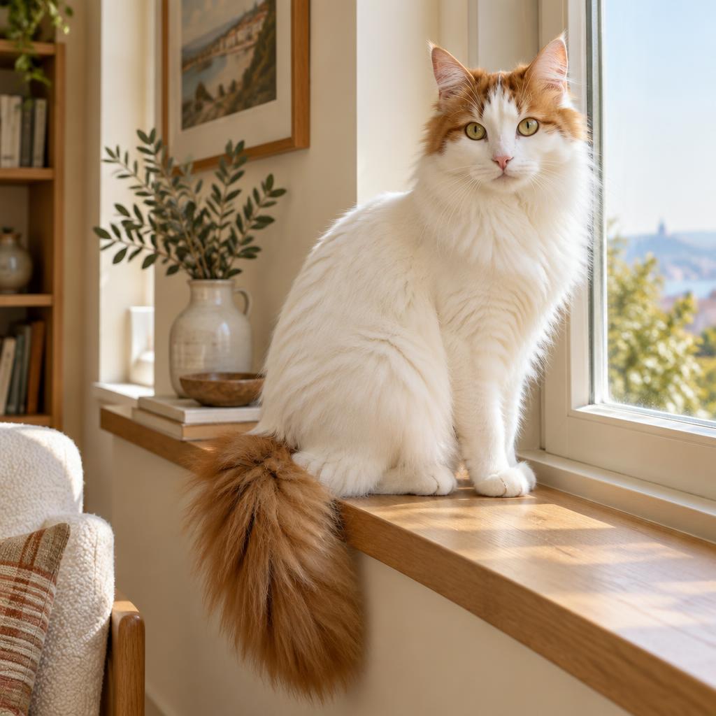 A white Turkish Van cat with auburn head markings and a plumed tail in warm window light