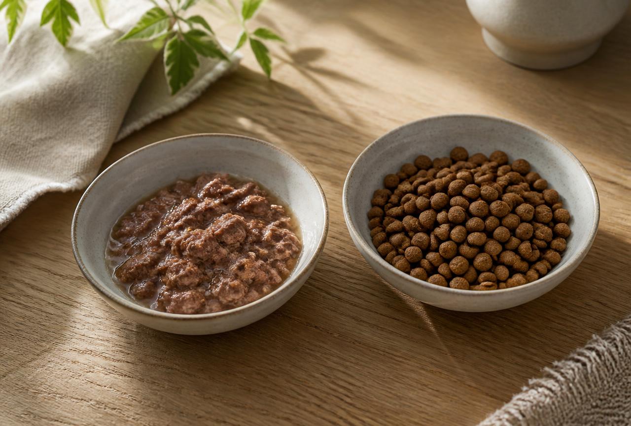 A shallow ceramic bowl of wet cat food next to a bowl of dry kibble on an oak table in daylight