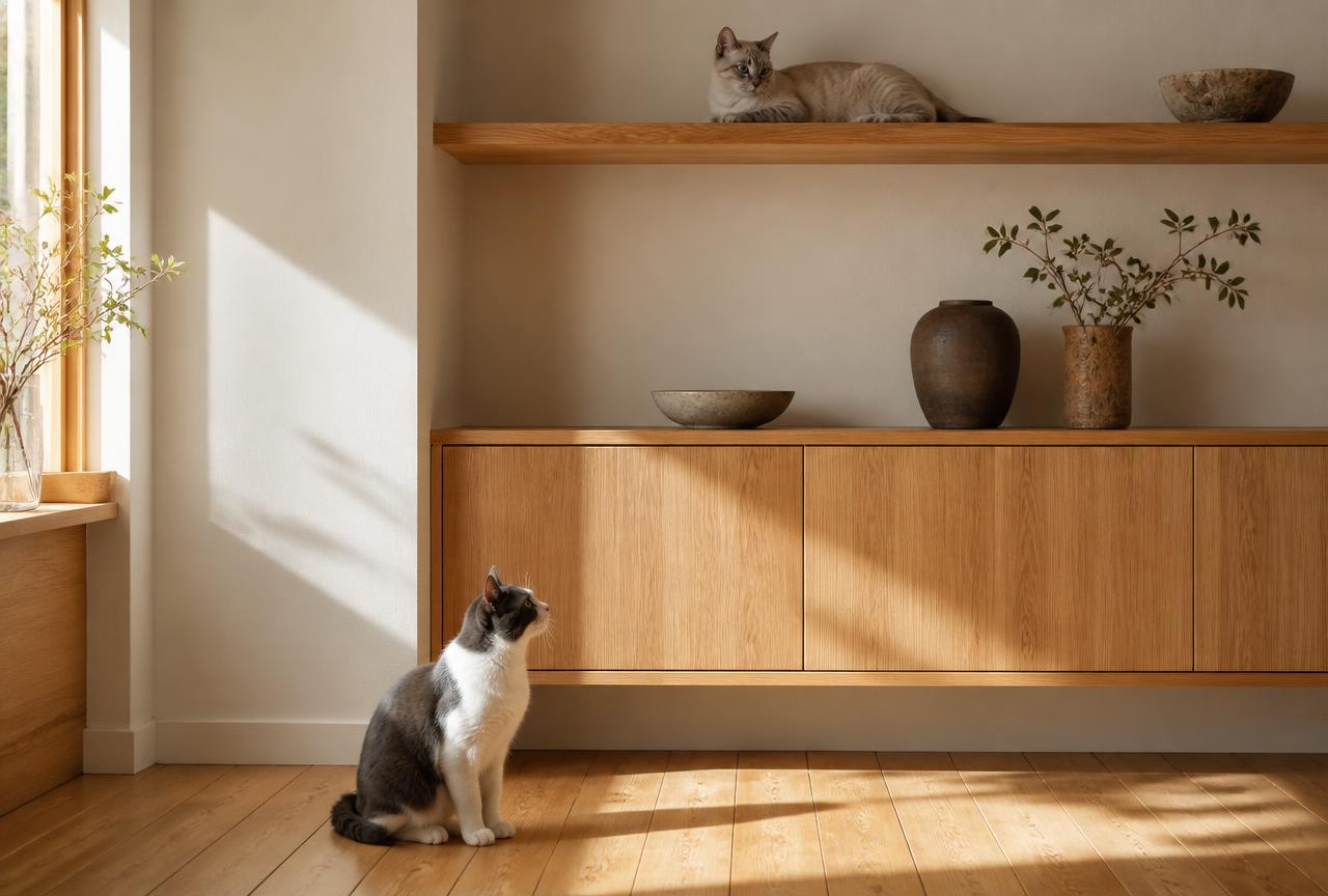 Two cats in a sunlit oak and cream room, one resting on a high shelf and one sitting on the floor