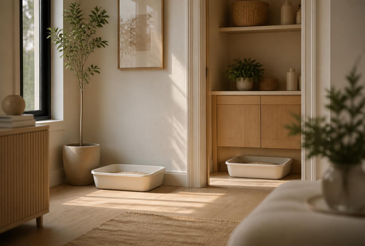 Two open litter trays in different quiet spots of an airy apartment, one by a hallway window and one in a utility nook