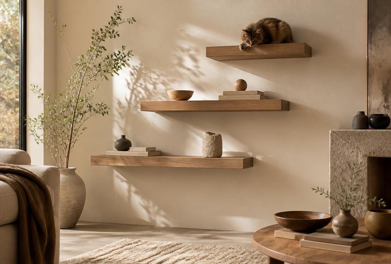 Three floating oak shelves climbing a cream wall with a long-haired cat resting on the highest one