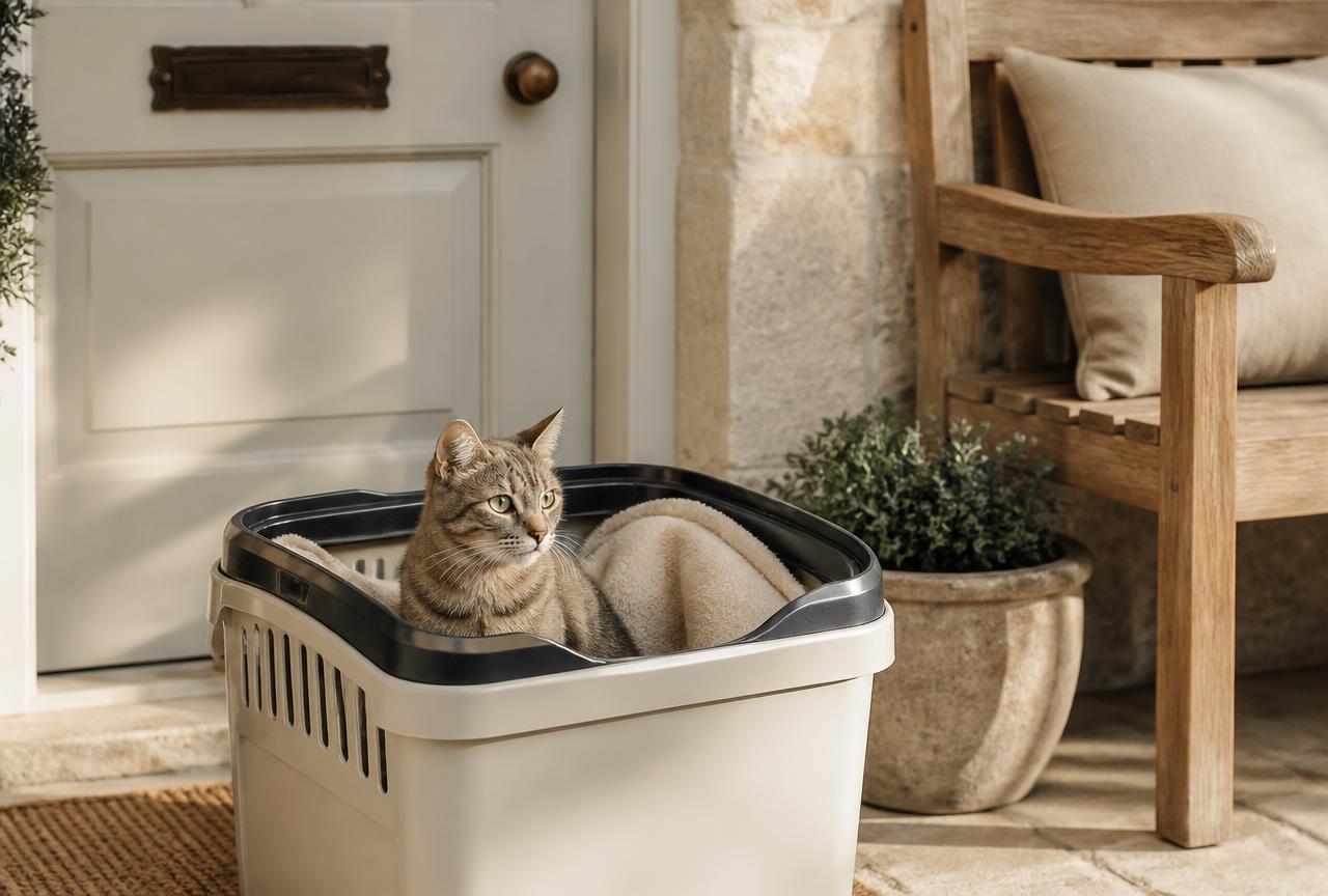 A cat waiting calmly in a towel-lined carrier by the front door