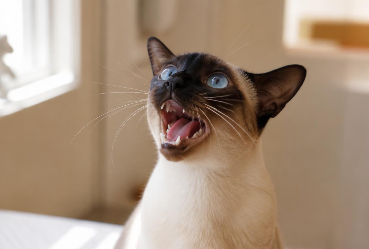 A Siamese cat mid-meow with its mouth wide open, head tilted up, blue eyes bright