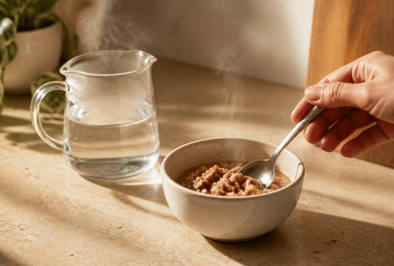 A small ceramic bowl of wet cat food being stirred with a spoon beside a jug of water on a cream worktop