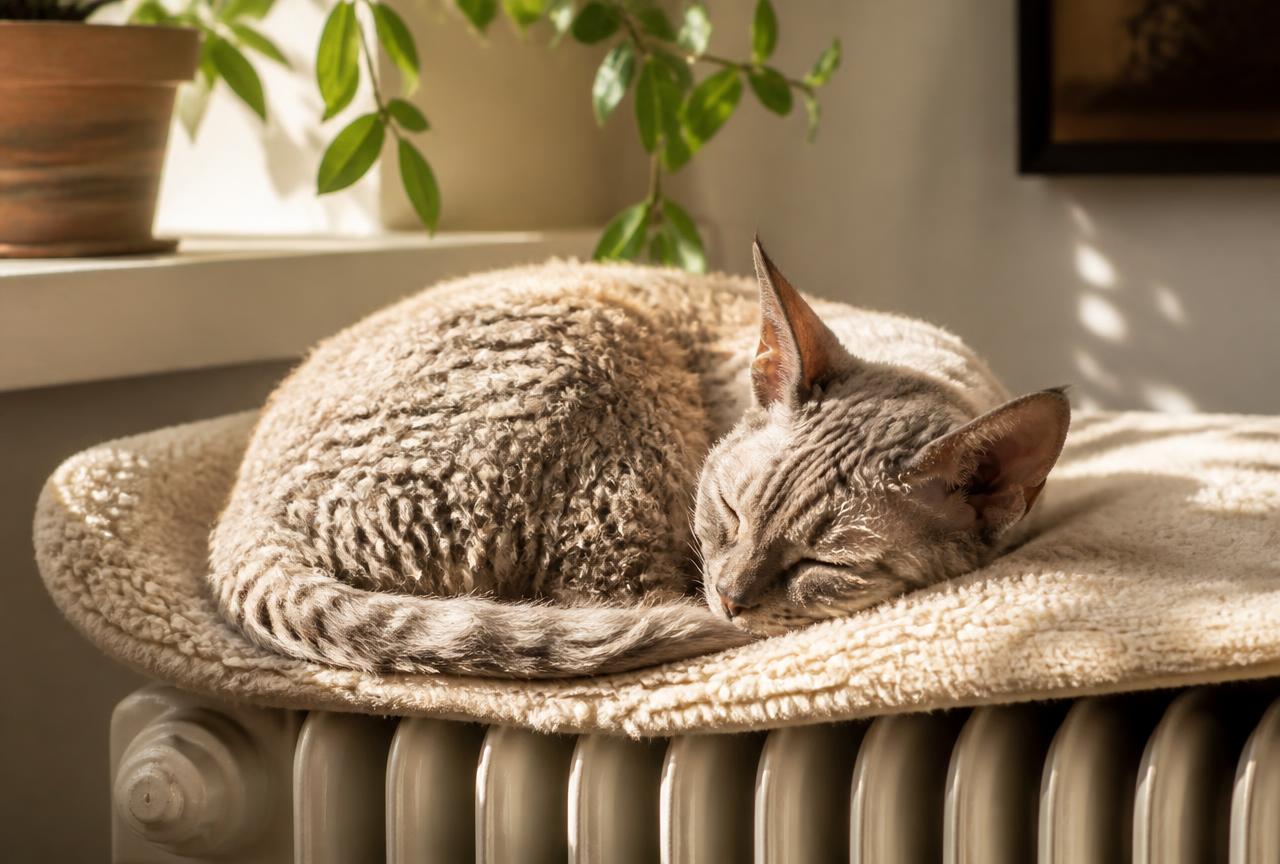 Devon Rex cat curled up asleep on a soft bed over a radiator in a sunlit room