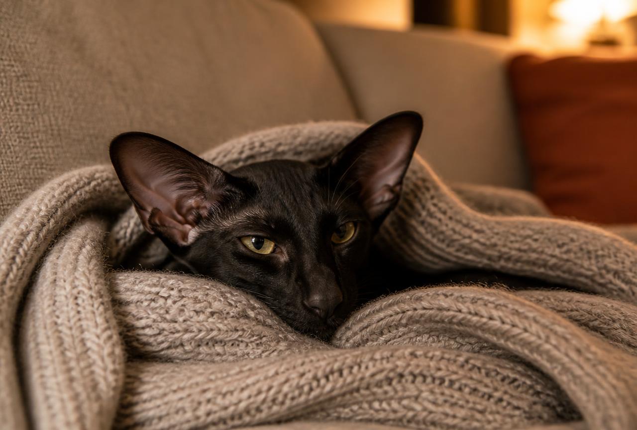 Black Oriental Shorthair cat curled under a knitted blanket on a sofa