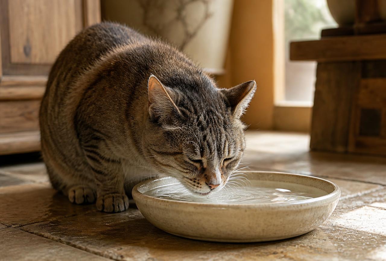 An older tabby cat drinking from a wide shallow ceramic bowl of water on a stone floor