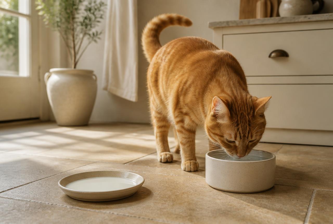A ginger cat drinking from a ceramic water bowl while a saucer of milk sits untouched beside it