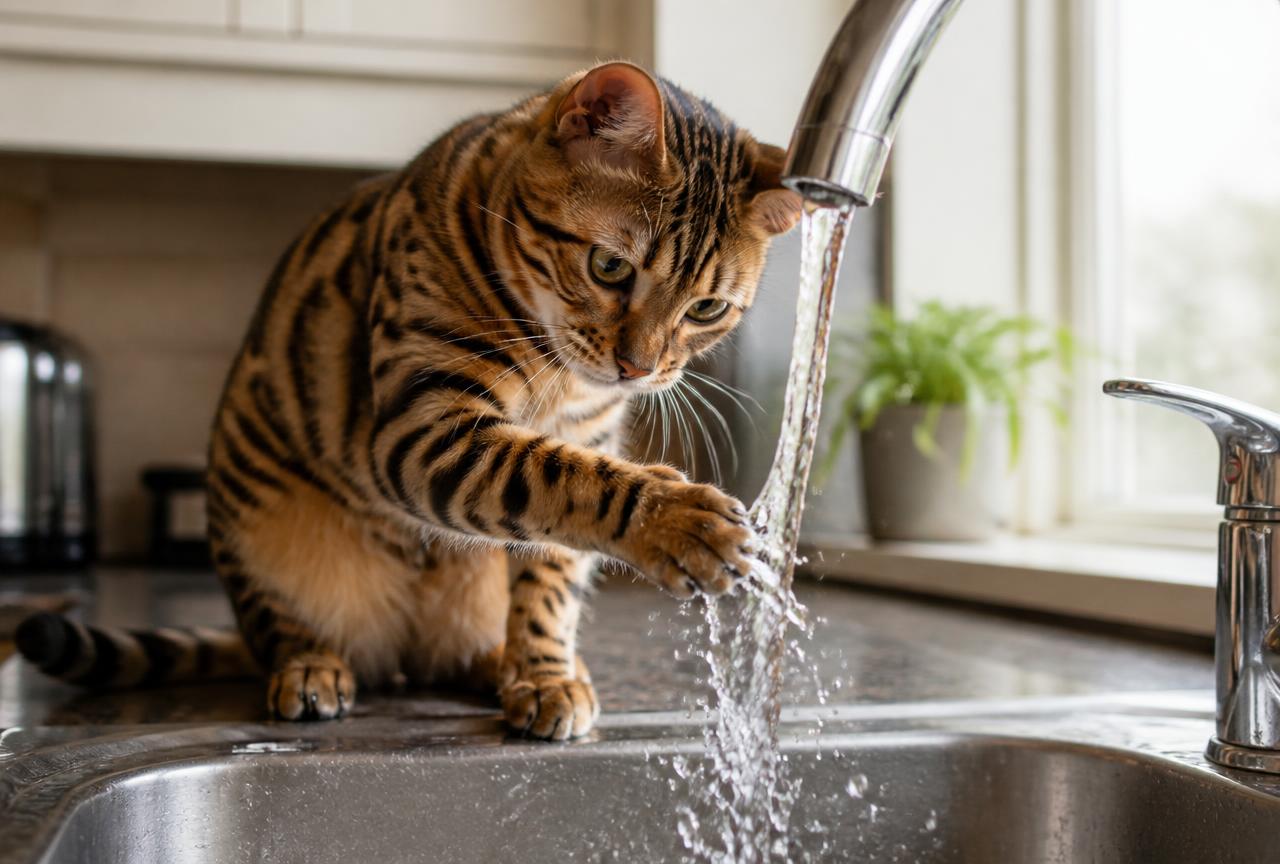 A Bengal cat pawing at running water from a kitchen tap