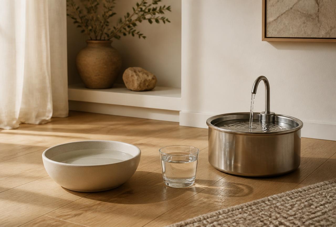 A ceramic bowl, a glass and a steel fountain arranged as water stations on an oak floor