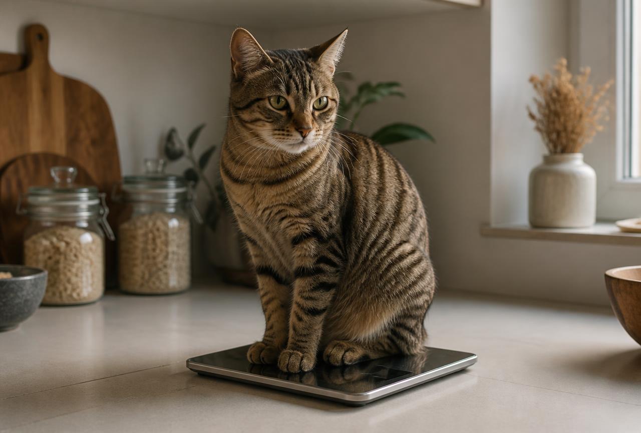 A tabby cat sitting on a flat kitchen scale on a cream worktop