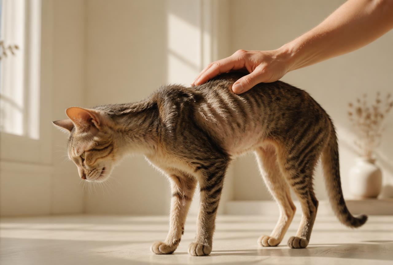 A thin older tabby cat with a visible spine being stroked along the back by a hand