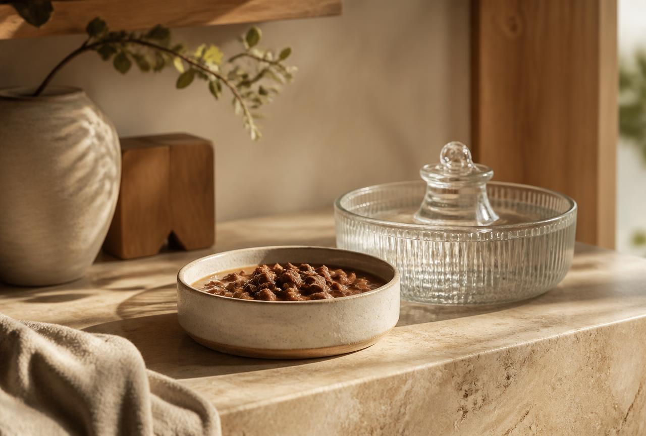 A shallow ceramic bowl of wet cat food beside a glass water fountain on a stone worktop