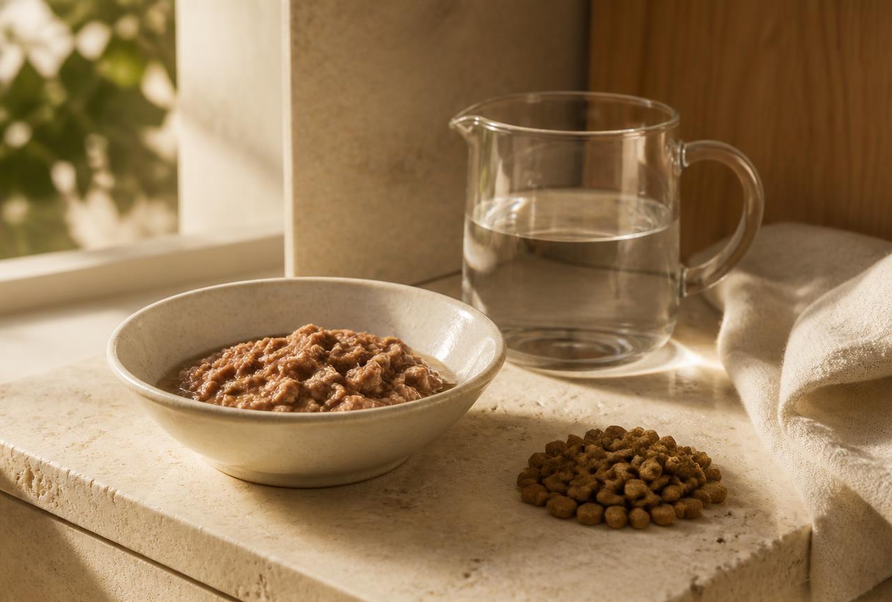 A bowl of wet cat food beside a small measured pile of dry kibble with a glass jug of water behind, on a stone worktop