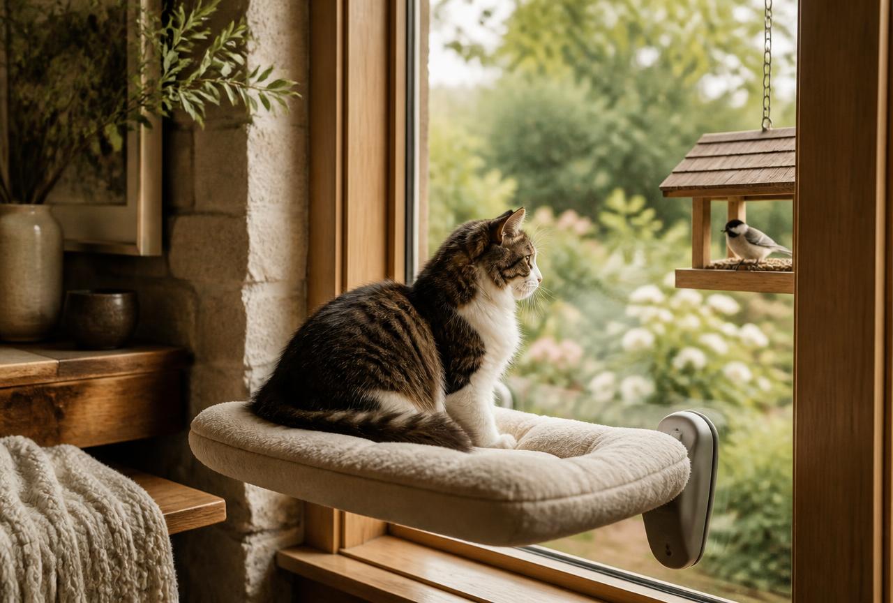 A tabby and white cat sitting on a cushioned window perch watching a bird at a wooden feeder outside