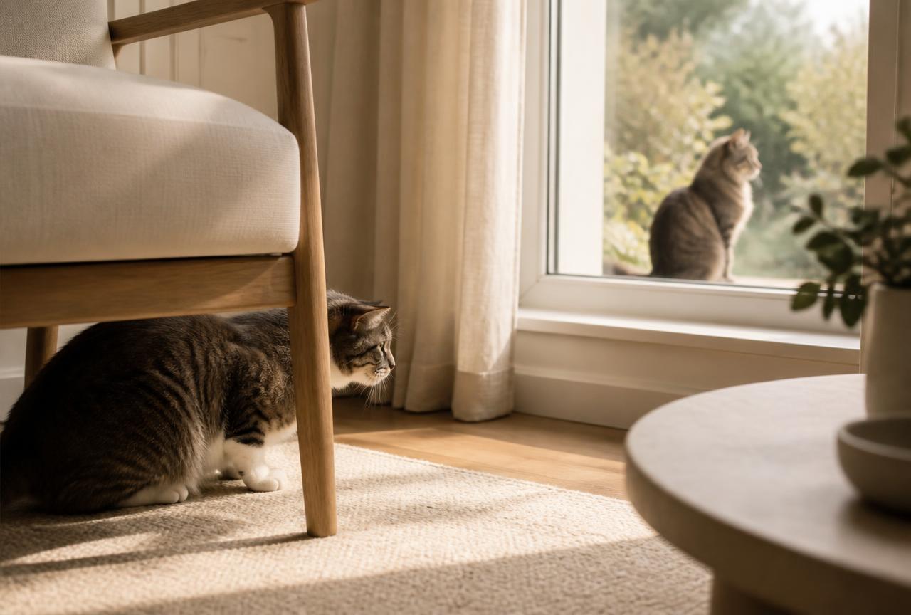 A tabby cat crouched behind a chair leg watching another cat through a window