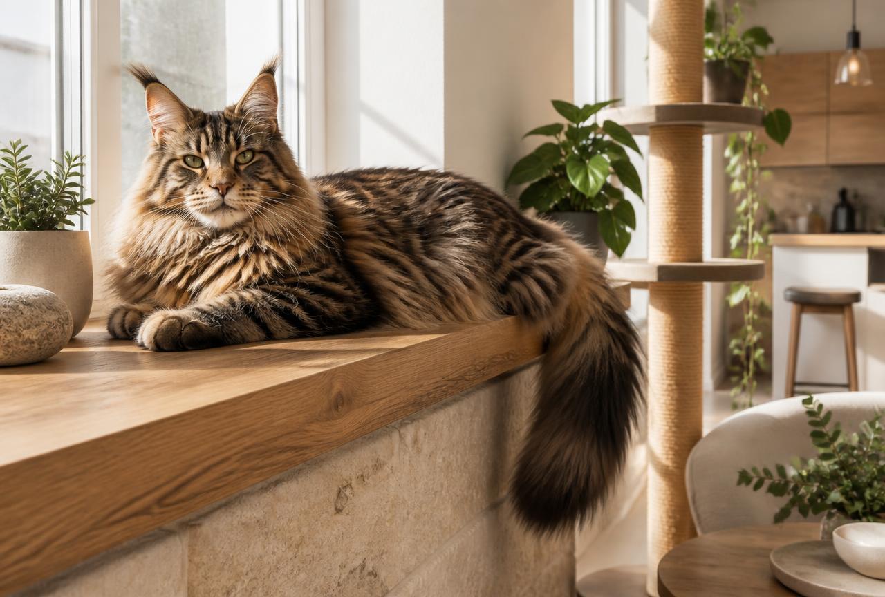 A large Maine Coon lying along a wide oak window shelf in a bright apartment beside a tall sisal scratching post
