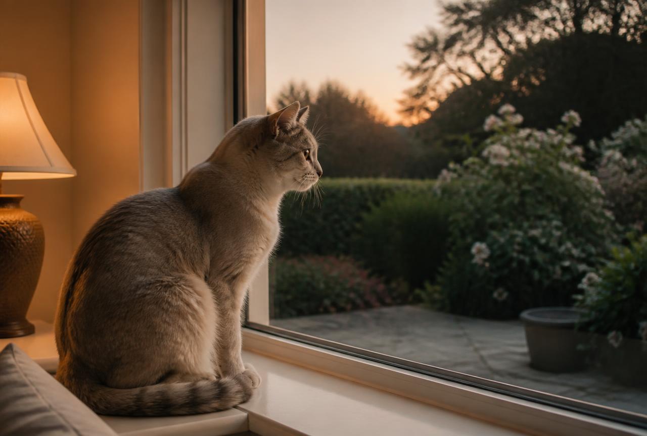 A cat sitting tensely on a windowsill watching a garden at dusk