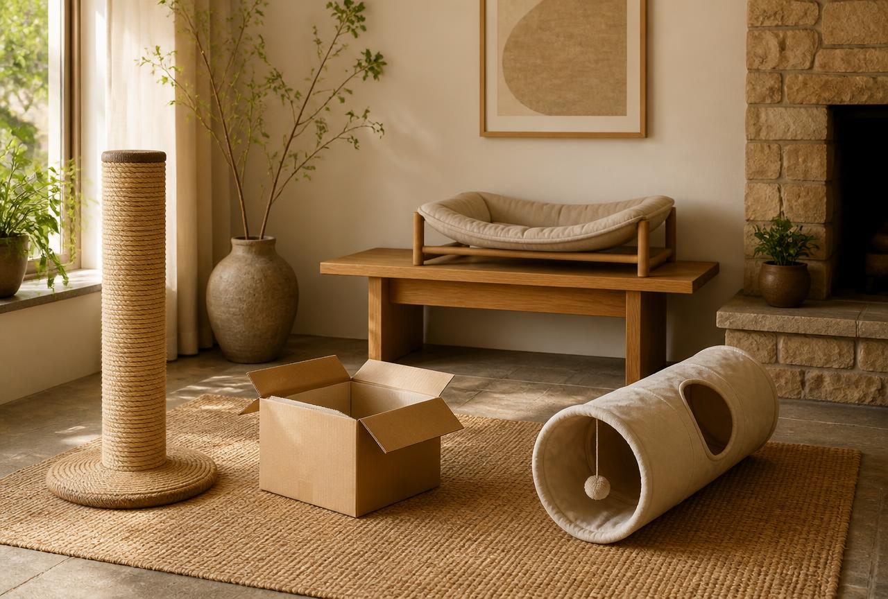 A living room corner with a tall sisal scratching post, an open cardboard box, a fabric tunnel and a raised bed on an oak bench